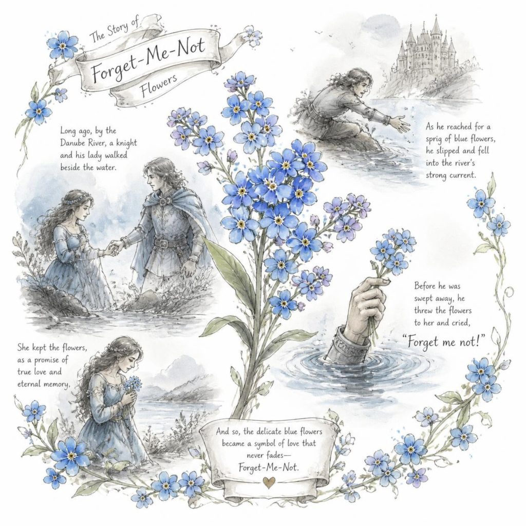 Forget-Me-Not flower meaning watercolor illustration showing the medieval legend, blue flowers, symbolism of remembrance, and vintage botanical cottagecore art.