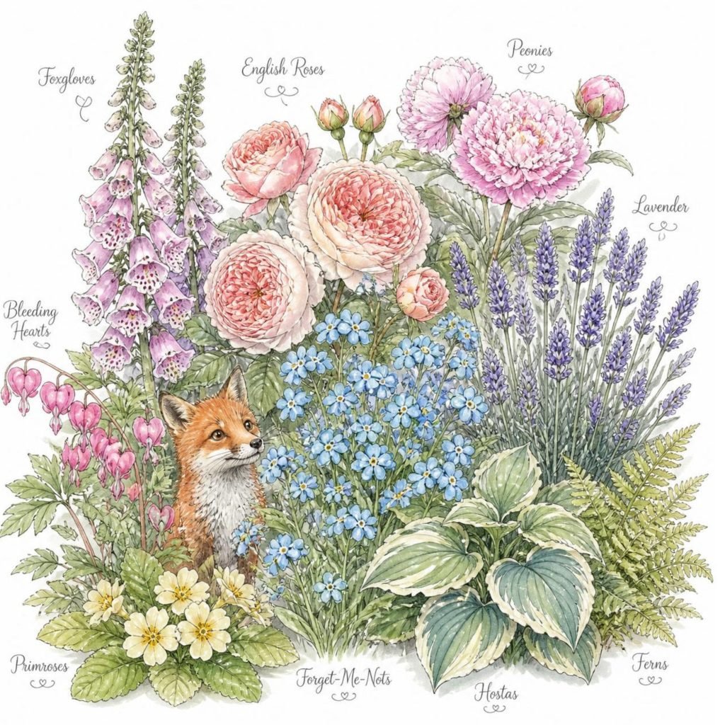 Watercolor cottage garden illustration featuring Forget-Me-Not flowers with foxgloves, English roses, peonies, lavender, hostas, ferns, bleeding hearts, primroses, and a red fox.