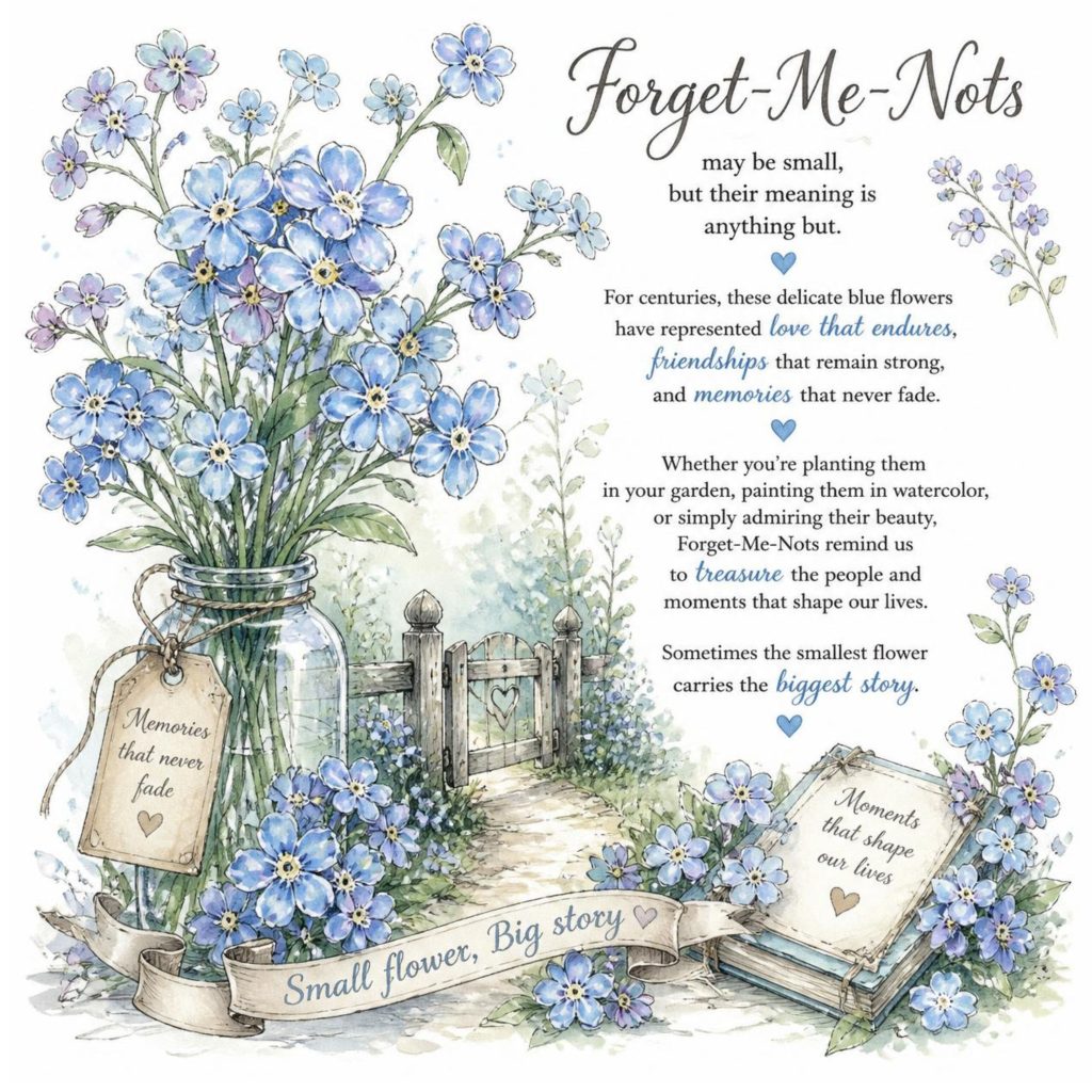 Whimsical watercolor illustration of forget-me-not flowers in a glass jar beside a cottage garden gate and vintage book, symbolizing everlasting love, friendship, and cherished memories.
